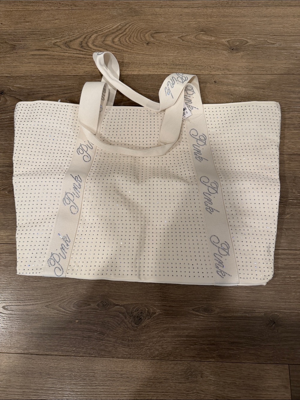 PINK Victoria's Secret Cream Perforated Canvas Tote with Script Straps